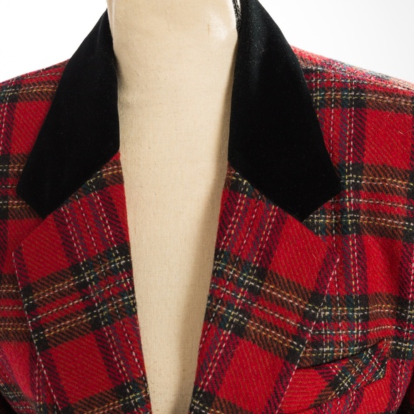 Vintage wool tartan plaid blazer with black velvet trim & buttons M - Picture 10 of 16